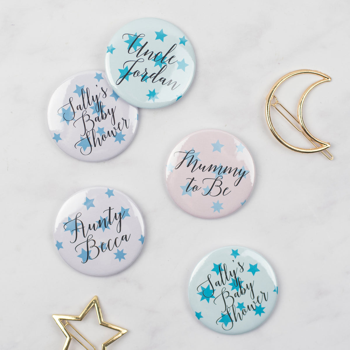 Star Print Pastels Personalised Baby Shower Badges