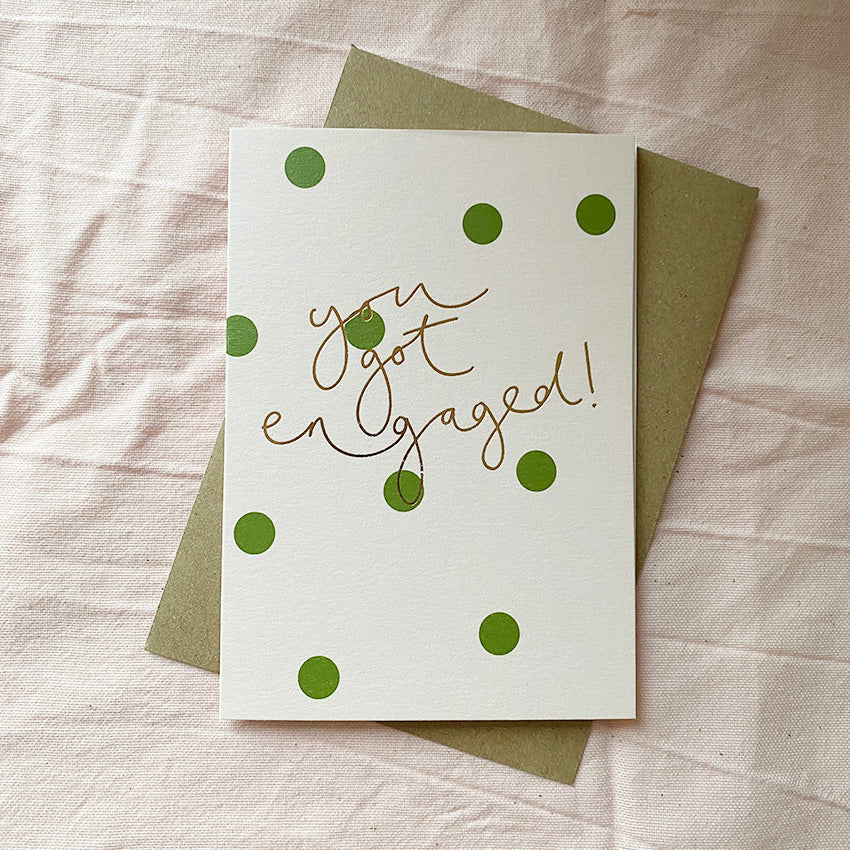 'You got engaged' Slight Second Card Green Polka Dots