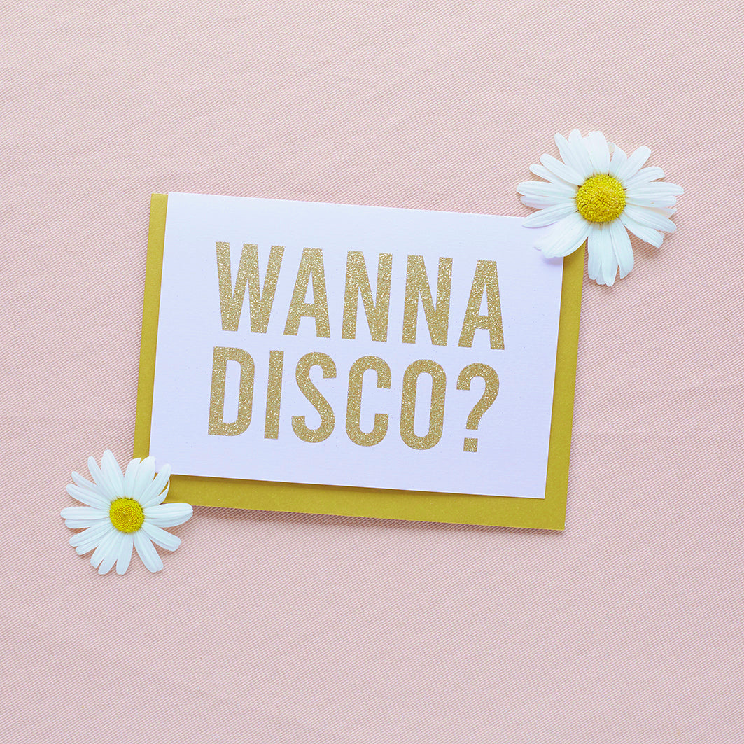 'Wanna Disco?' Lilac + Gold Greetings Card - Biodegradable Glitter