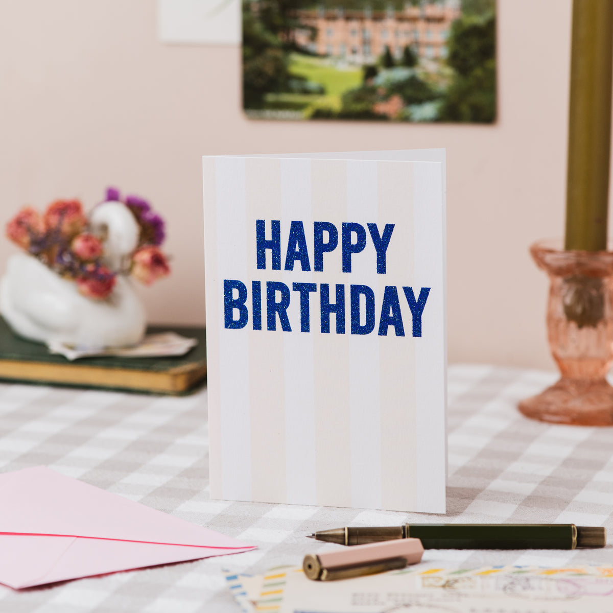 'Happy Birthday' Stripe Greetings Card - Biodegradable Glitter