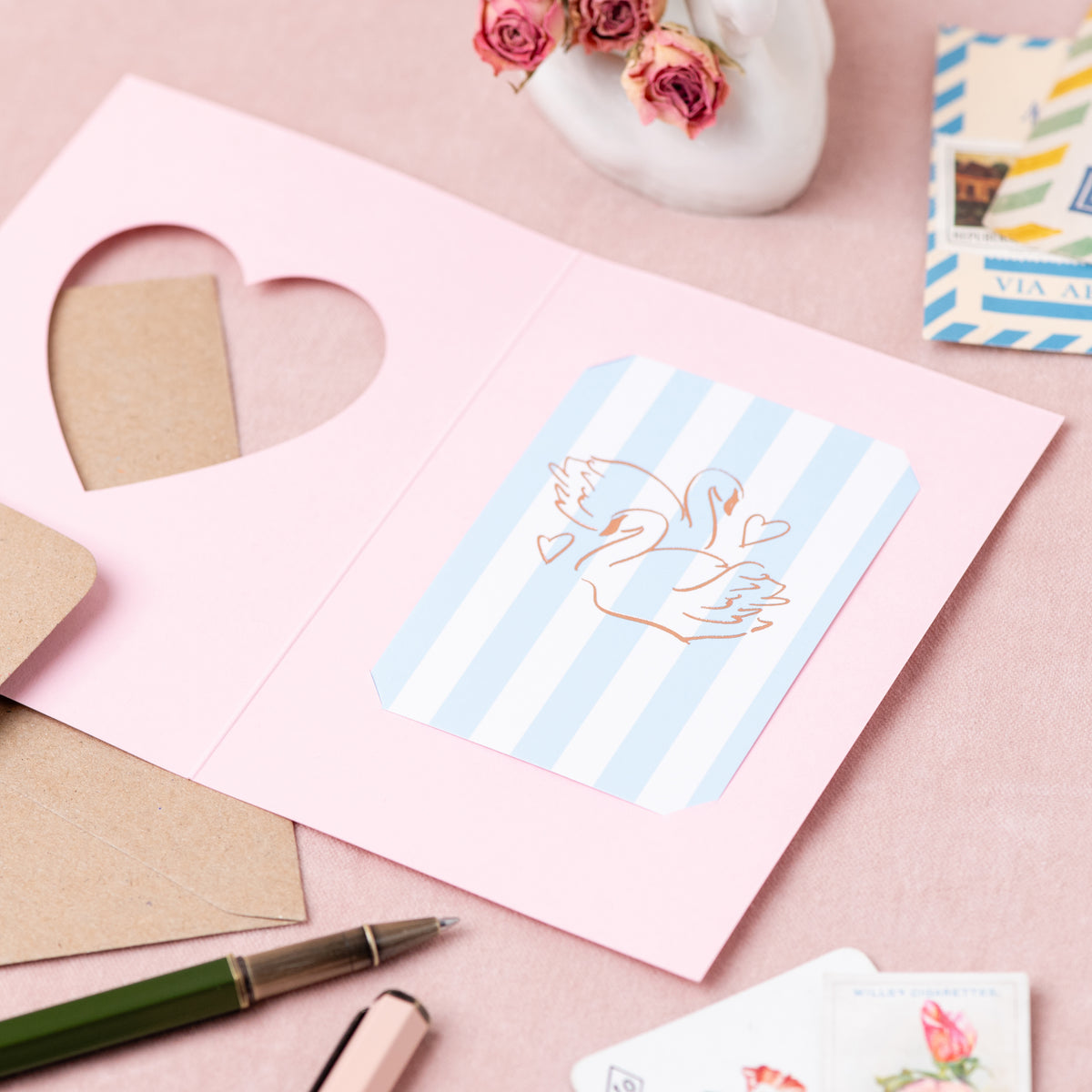 Swan Pink Cut Out Heart Card