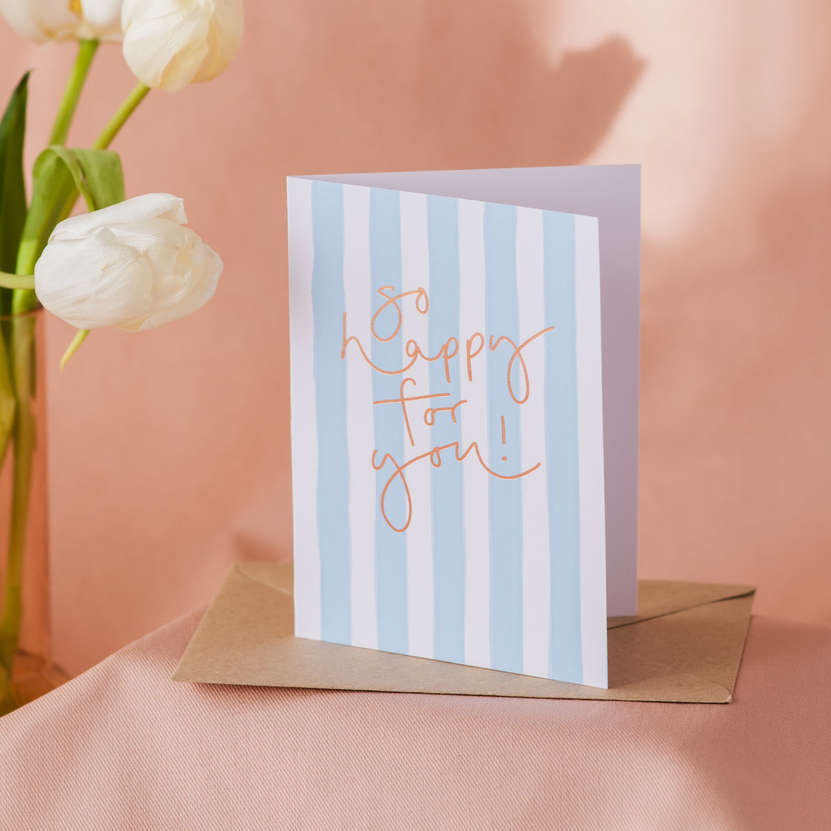 'So Happy for you!' Blue Ice Cream Stripe Rose Gold Foil Card