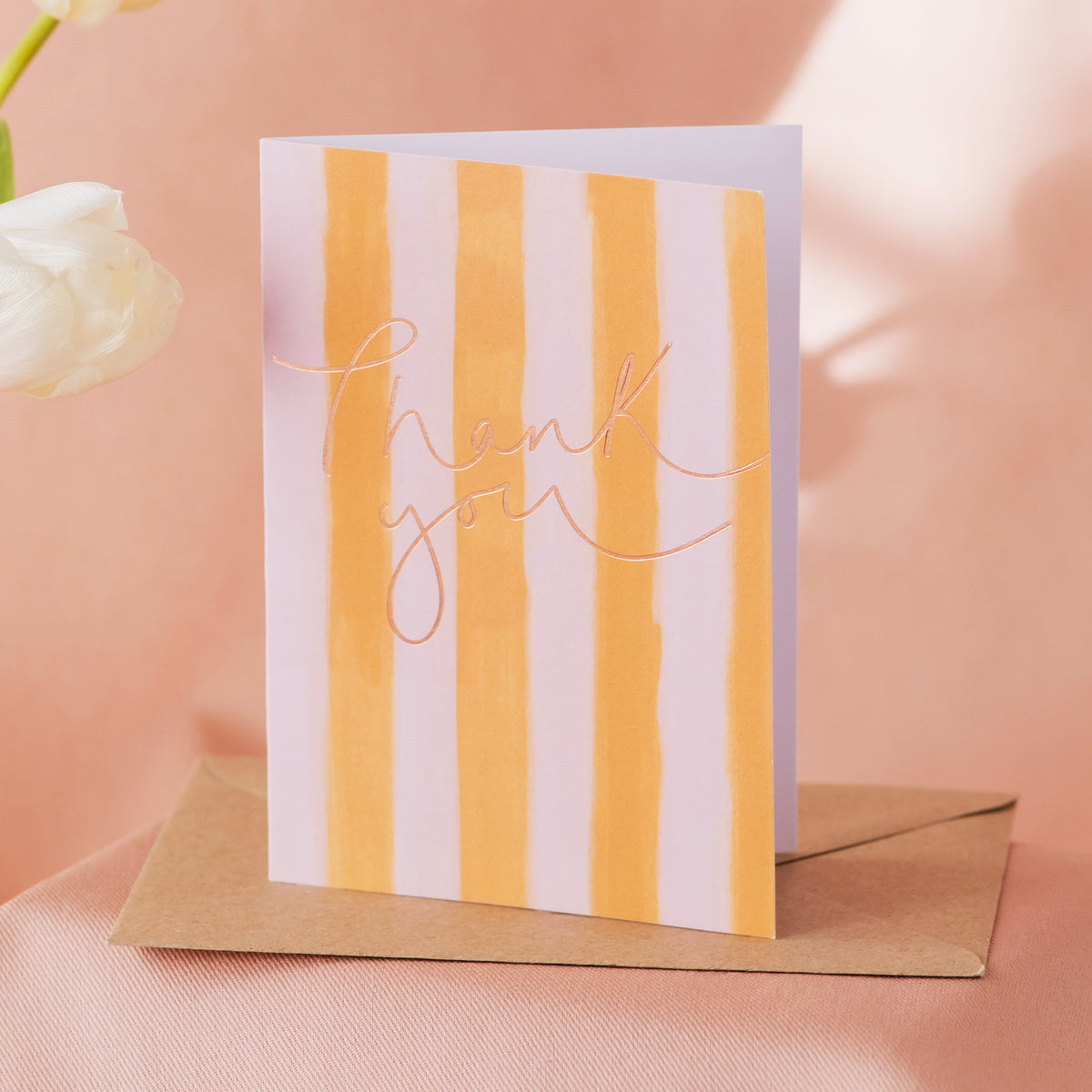 'Thank You' Peach + Mustard Stripe Rose Gold Foil Card