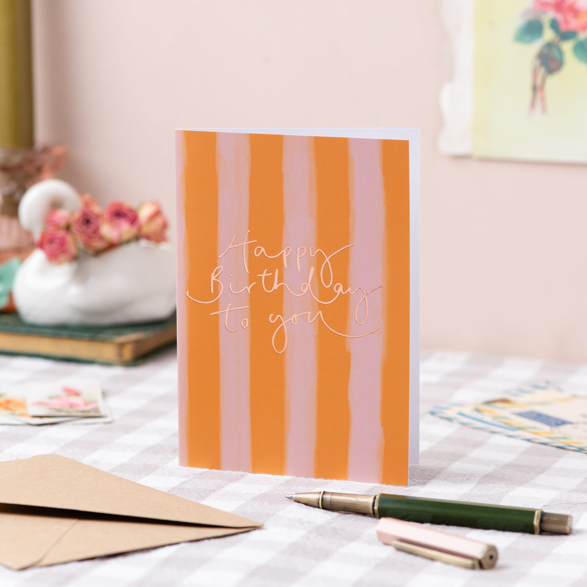 'Happy Birthday to You' Peach + Mustard Stripe Rose Gold Foil Card - Old Cardstock Version