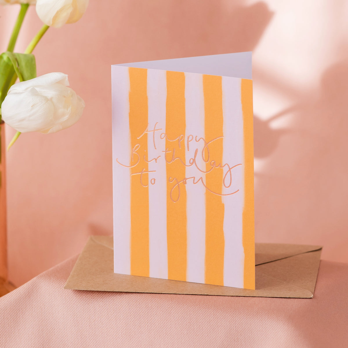 'Happy Birthday to You' Peach + Mustard Stripe Rose Gold Foil Card