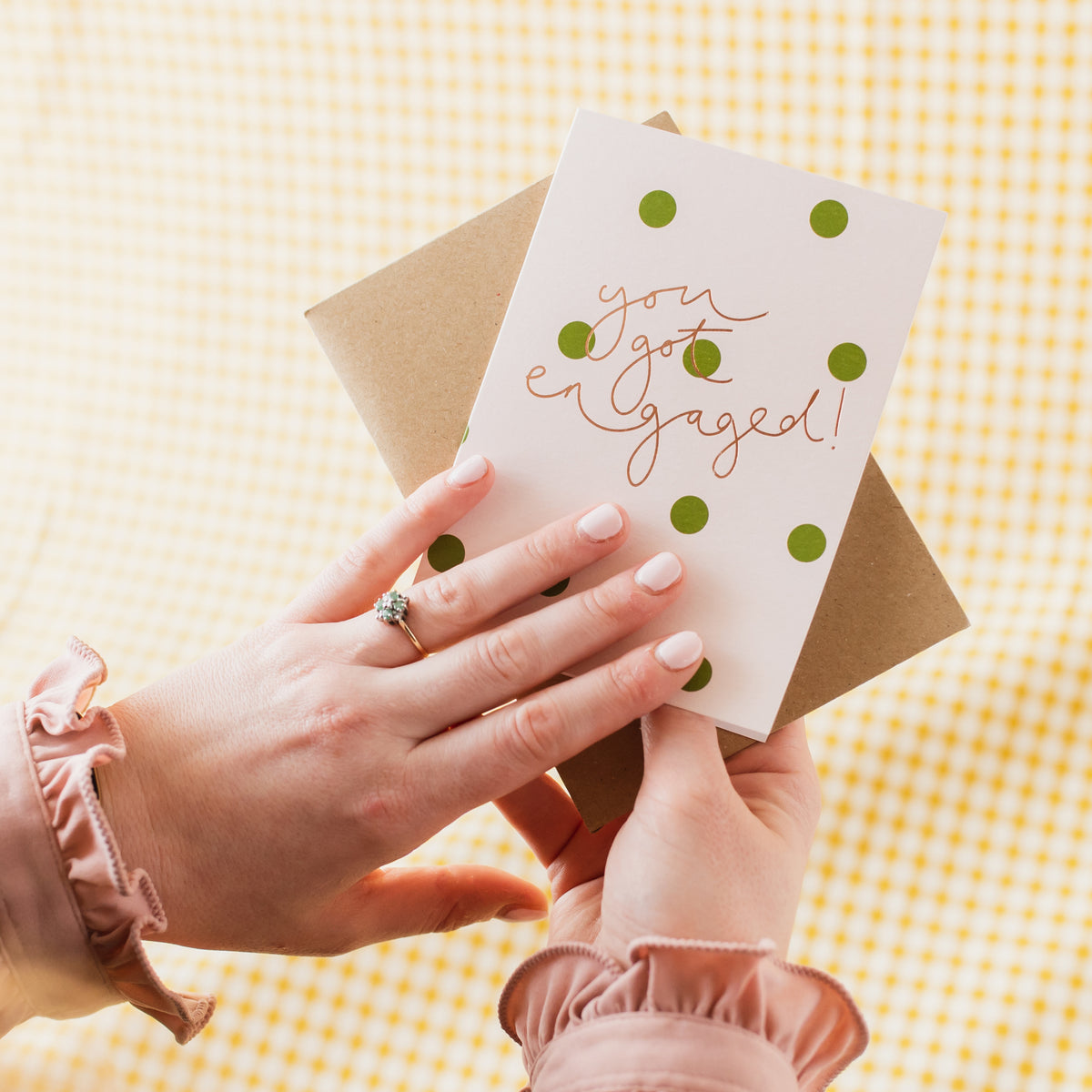 'You Got Engaged!’ Green Polka Dot + Rose Gold Foil Card