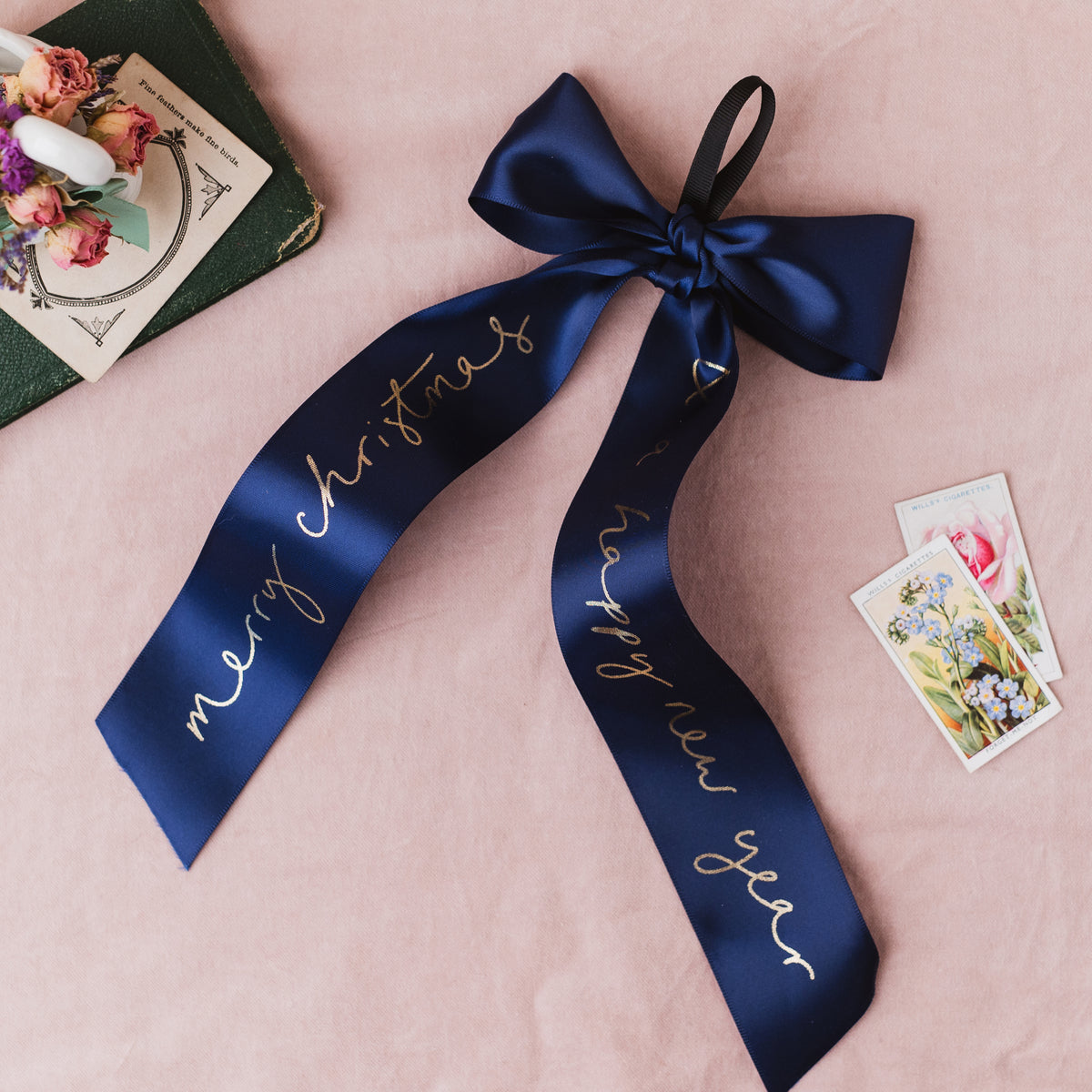 'Merry Christmas & a Happy New Year' Navy and Gold Large Decorative Bow