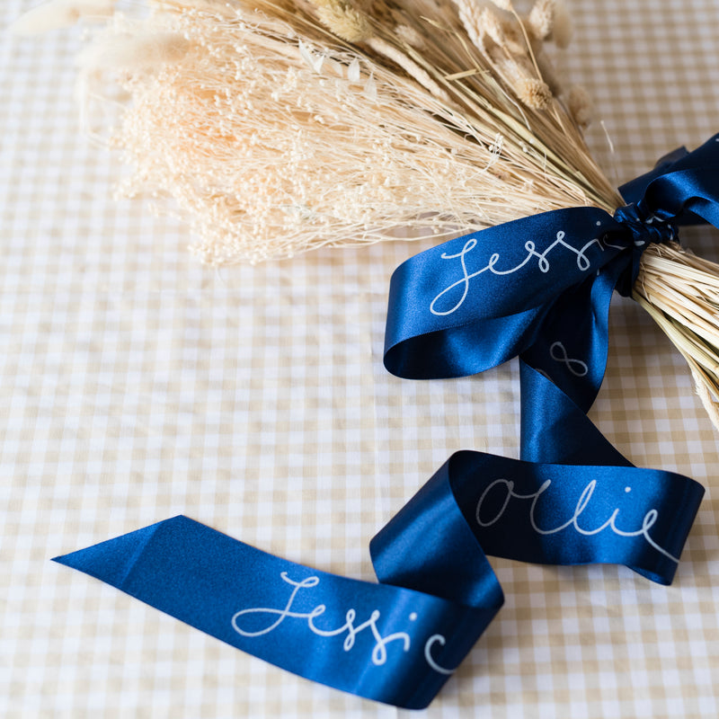 Personalised Wedding Bouquet Ribbon - White Lettering / All Over Print