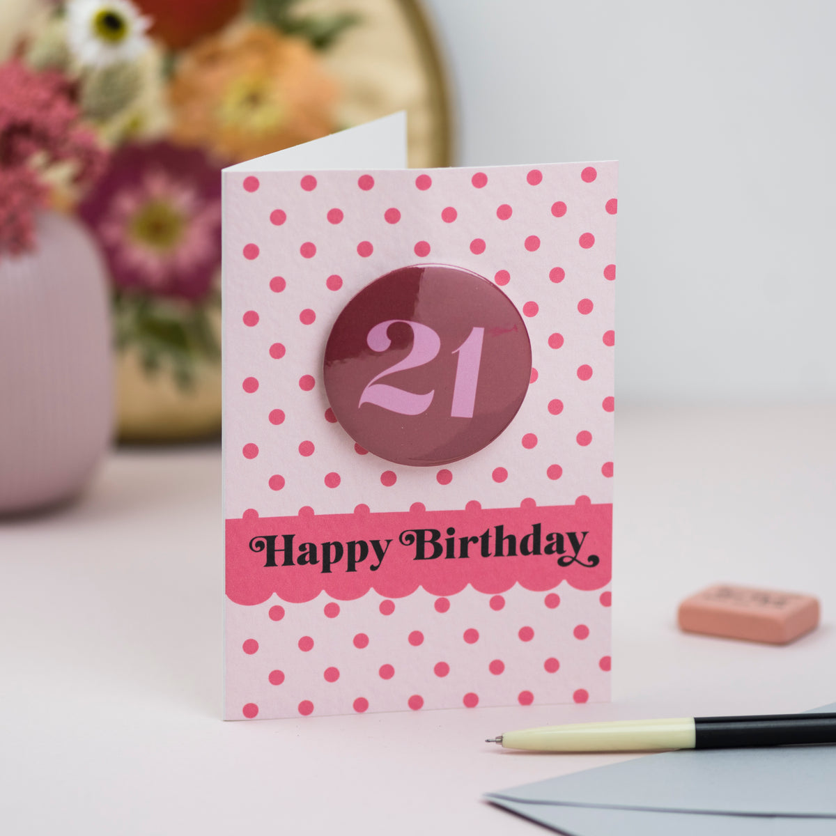 Any Age Pink Polka Dot Badge Birthday Card