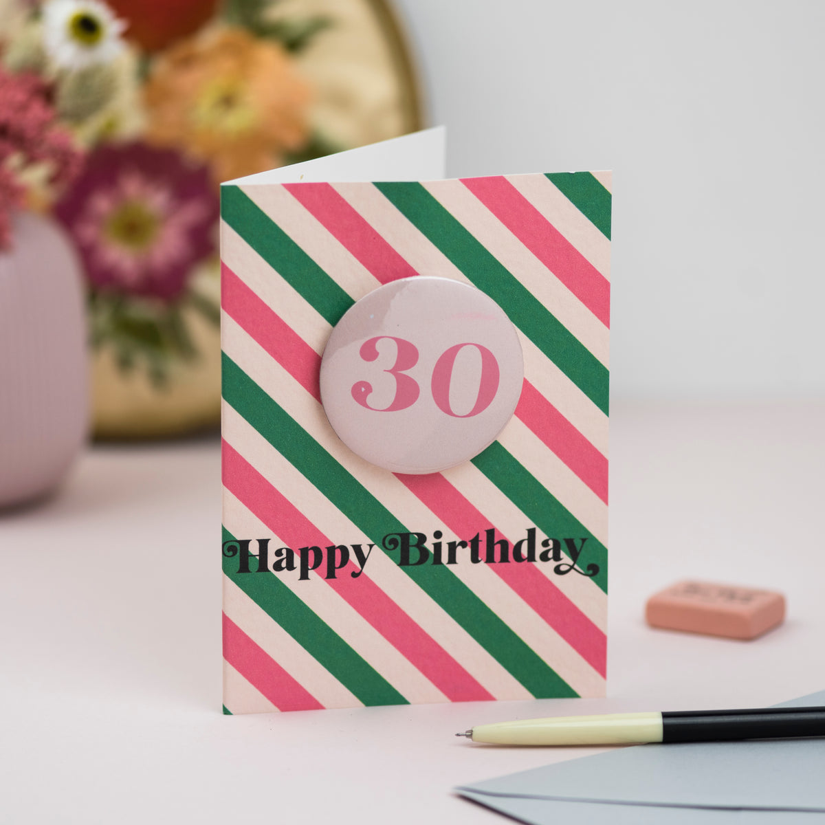 Any Age Pink + Green Retro Stripe Badge Birthday Card