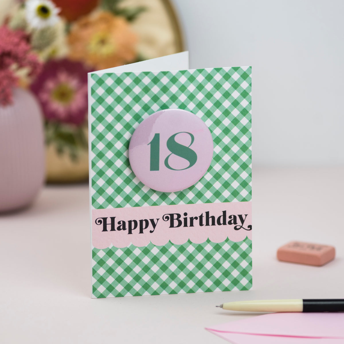 Any Age Green + Pink Gingham Badge Birthday Card