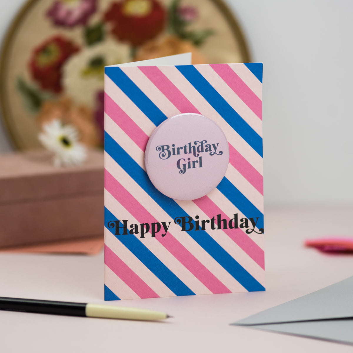 'Birthday Girl' Retro Stripe Birthday Badge Card