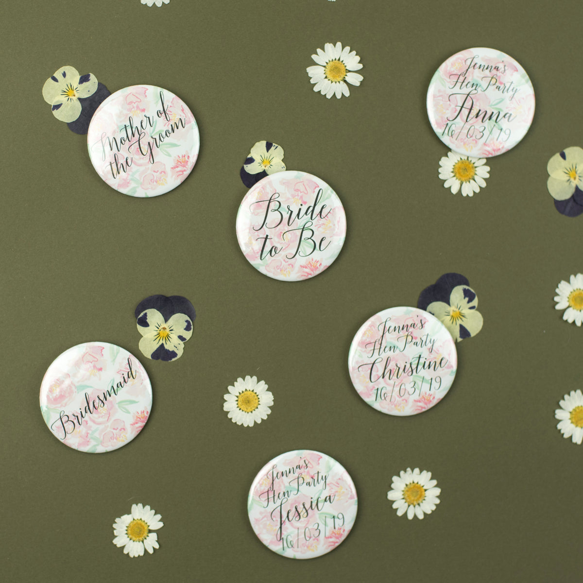 Personalised Peony Hen Party Badges