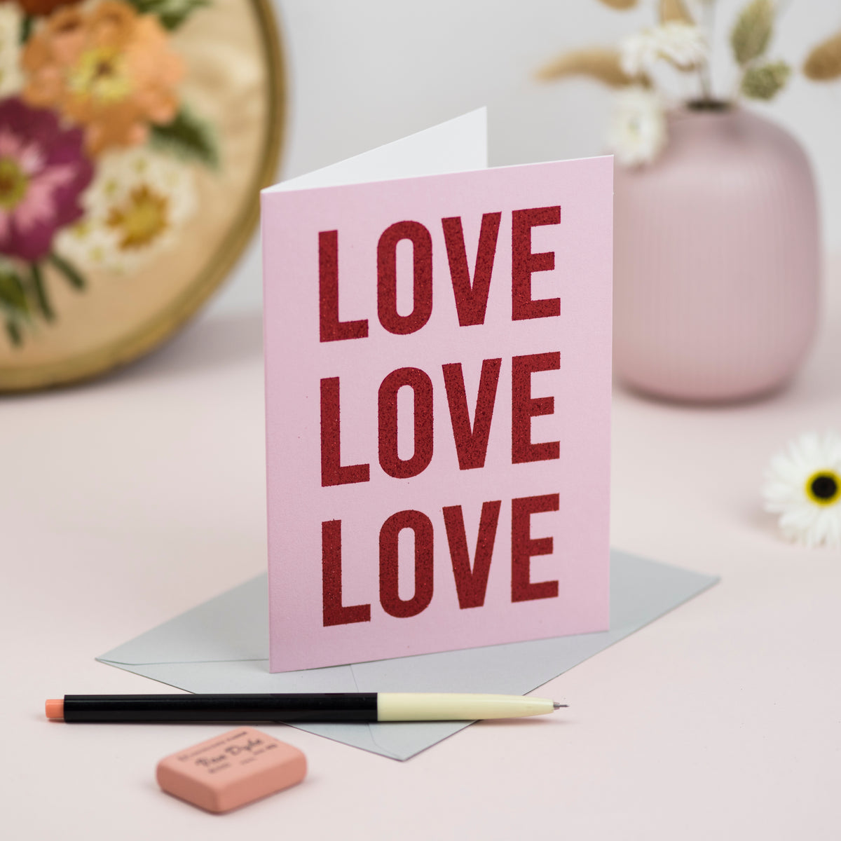 'LOVE LOVE LOVE' Greetings Card - Biodegradable Glitter