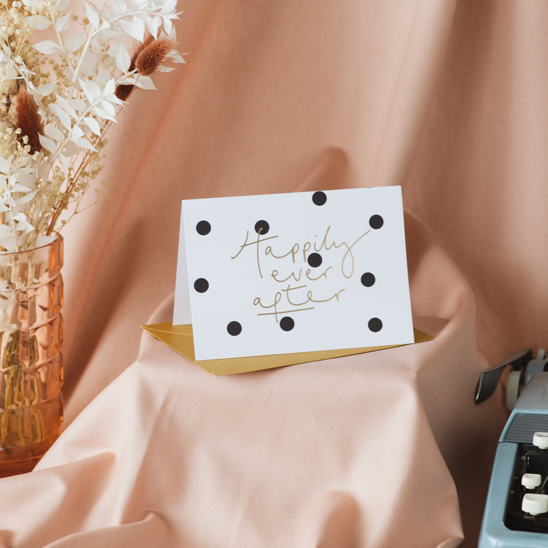 'Happily Ever After' Black + White Polka Dot Gold Foil Wedding Card