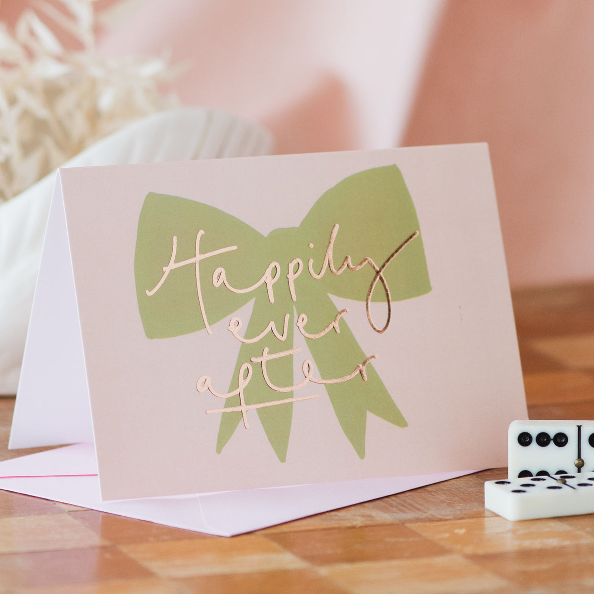 'Happily Ever After' Green Bow Gold Foil Wedding Card