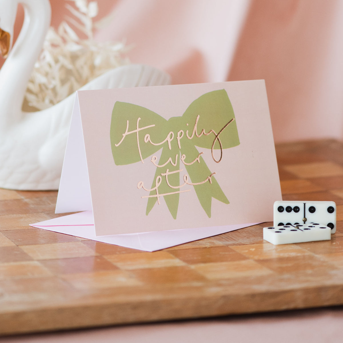 'Happily Ever After' Green Bow Gold Foil Wedding Card