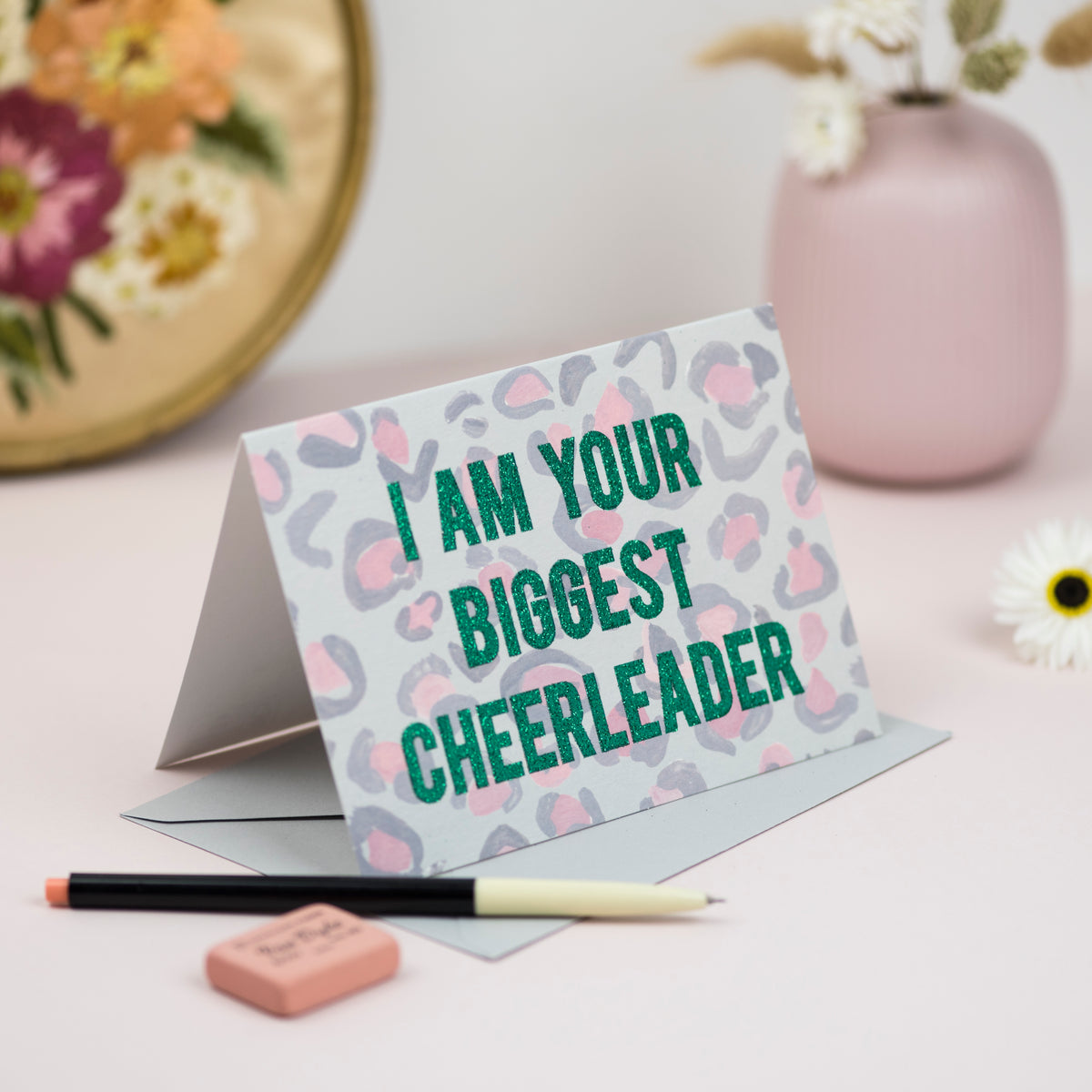 'I am Your Biggest Cheerleader' Leopard Print Greetings Card - Biodegradable Glitter