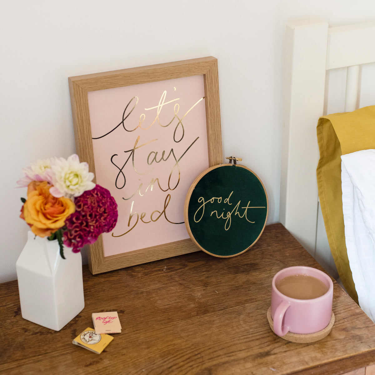 Soft Pink + Gold Foil 'Let's Stay In Bed' Print