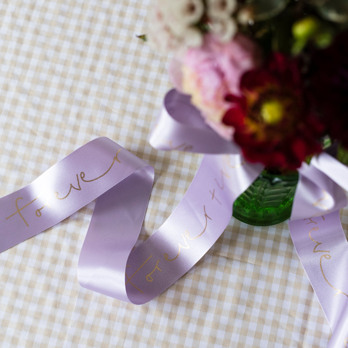 Personalised Wedding Bouquet Ribbons - Gold Lettering / All Over Print