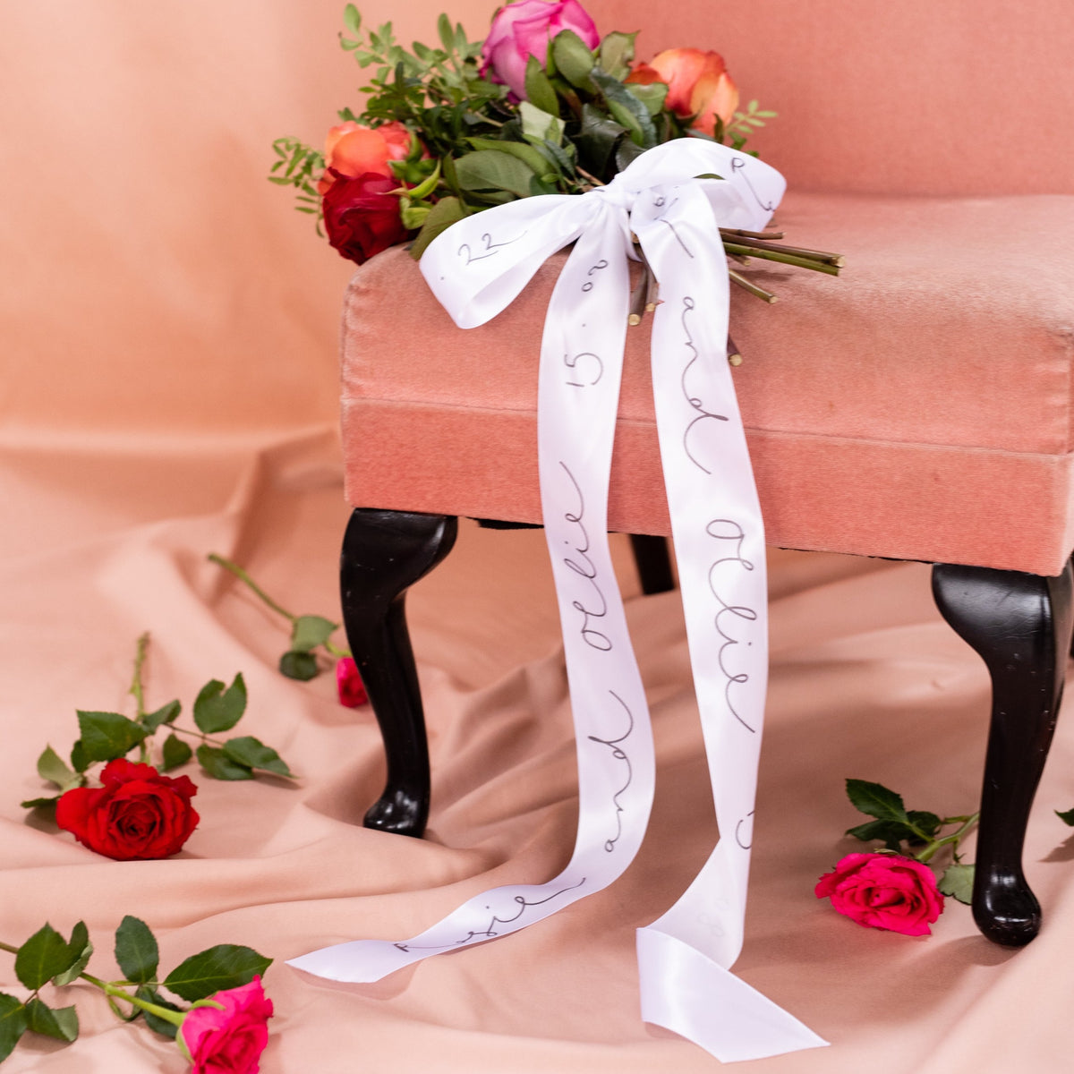 Personalised Wedding Bouquet Ribbon - Black Lettering / All Over Print