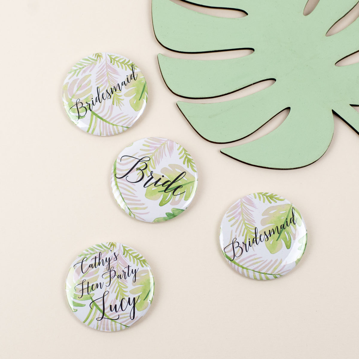 Palm Print Personalised Calligraphy Hen Party Badges
