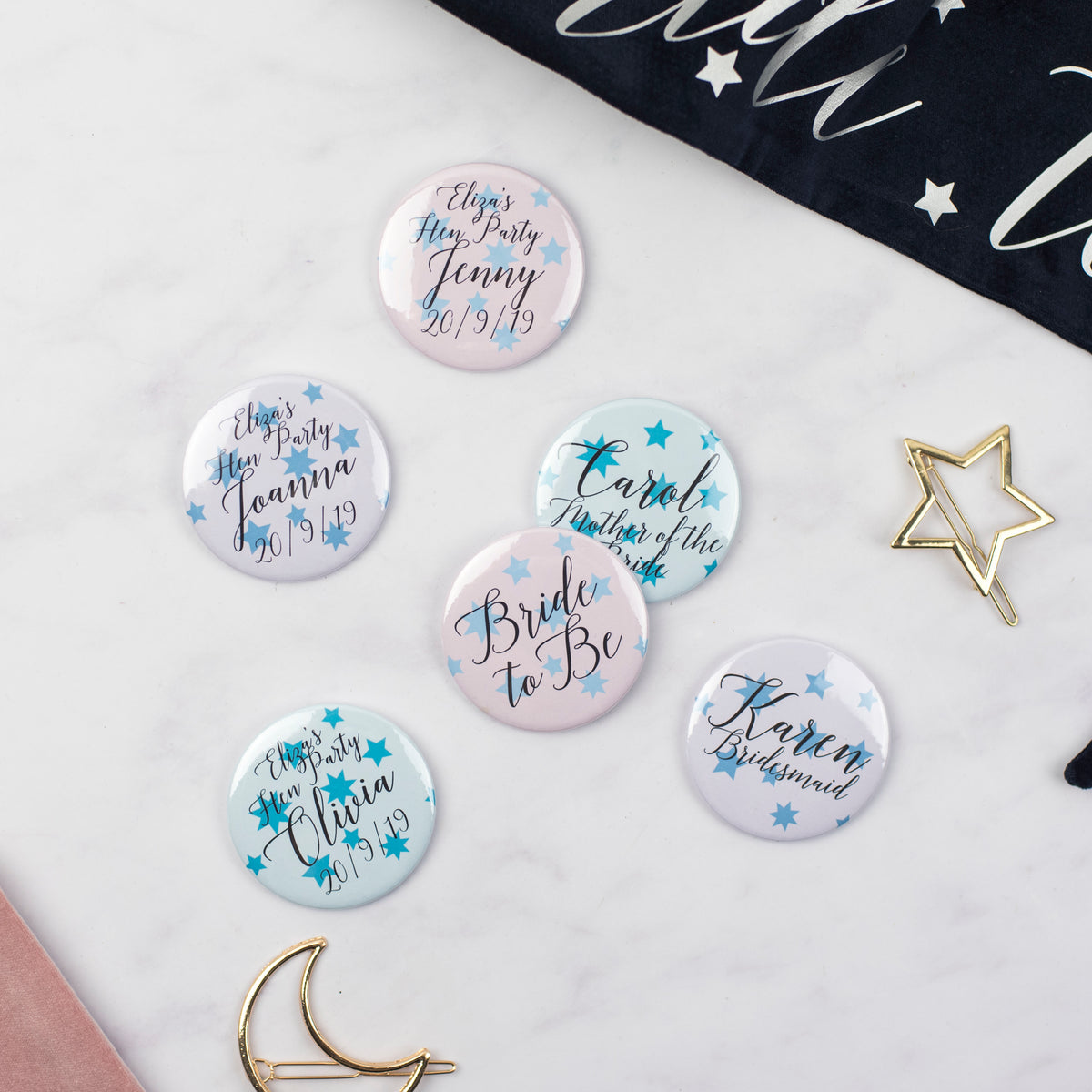 Star Print Pastels Personalised Hen Party Badges