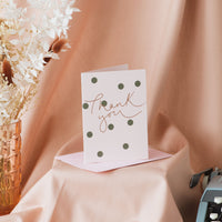 'Thank you' Pink + Green Polka Dot Rose Gold Foil Card