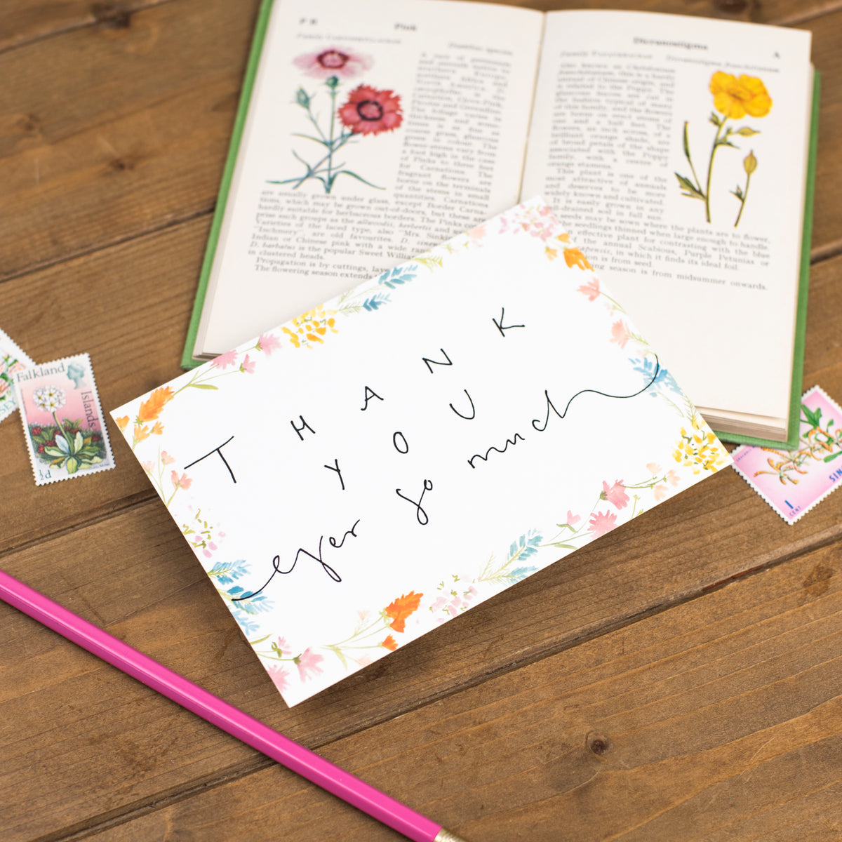 'Thank You Ever So Much' Floral Border Postcard