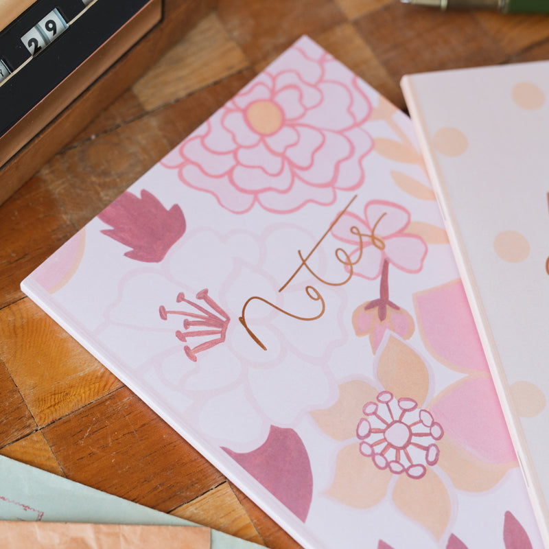 ‘Notes’ Pink Retro Floral Luxury Rose Gold Foil Notebook