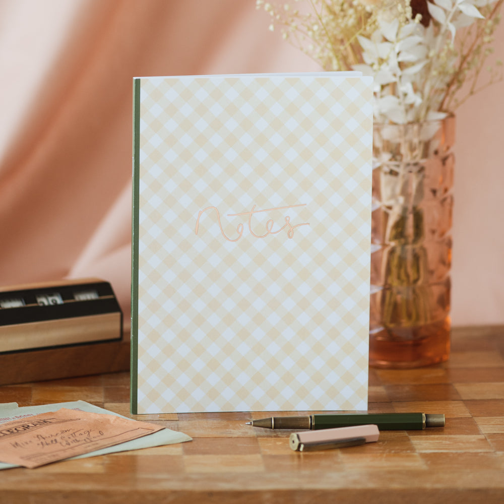 ‘Notes’ Peach Gingham + Green Spine Luxury Rose Gold Foil Notebook